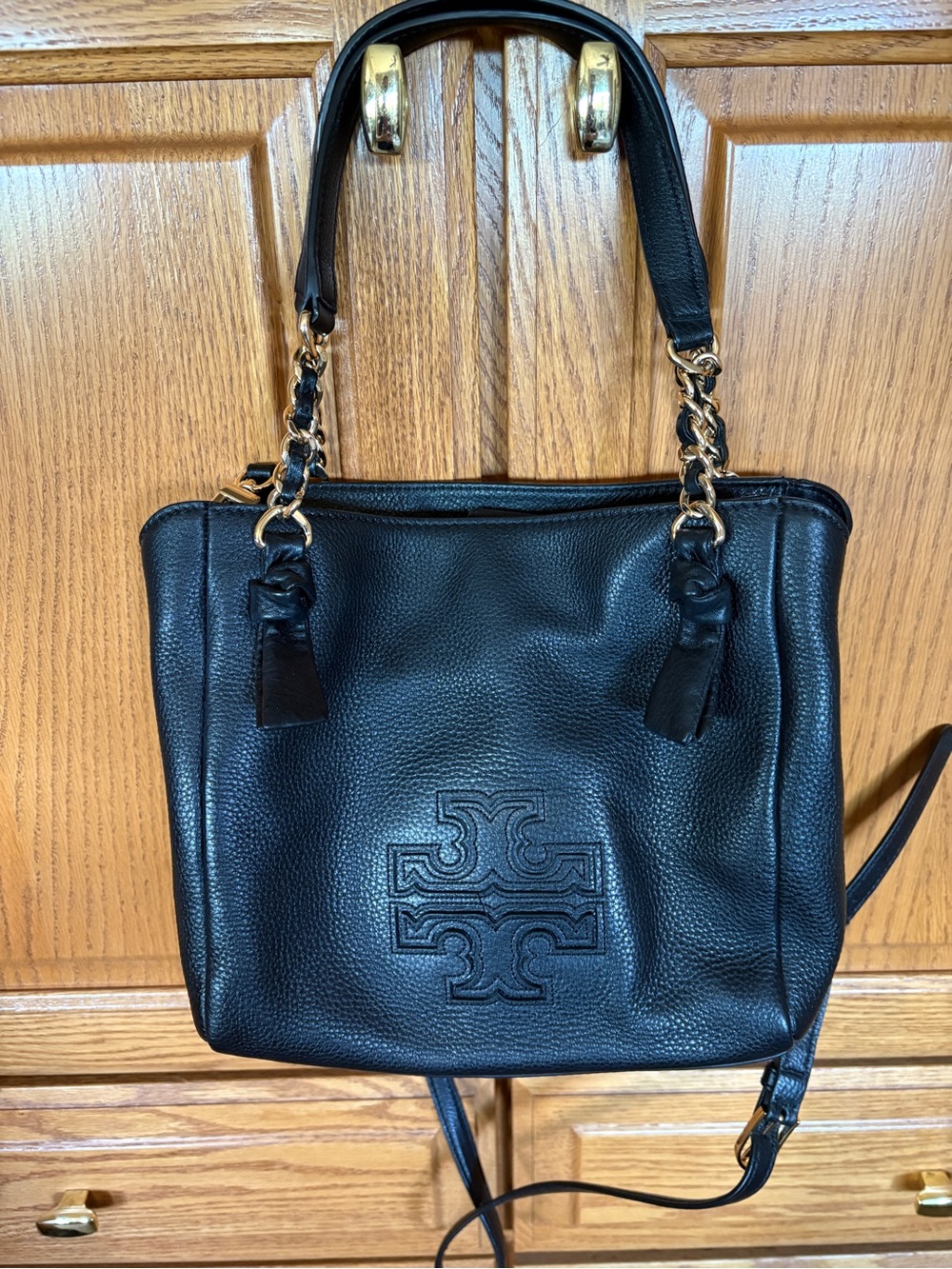 Tory Burch Black Leather Tote with Chain-Trim Handles